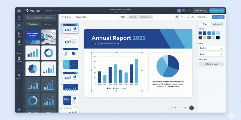 "Visme presentation interface showcasing infographics, animations, and business templates in 2025."