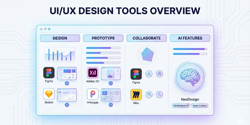 “ui ux design tools overview chart showing design, prototype, collaboration and AI features for 2025.”