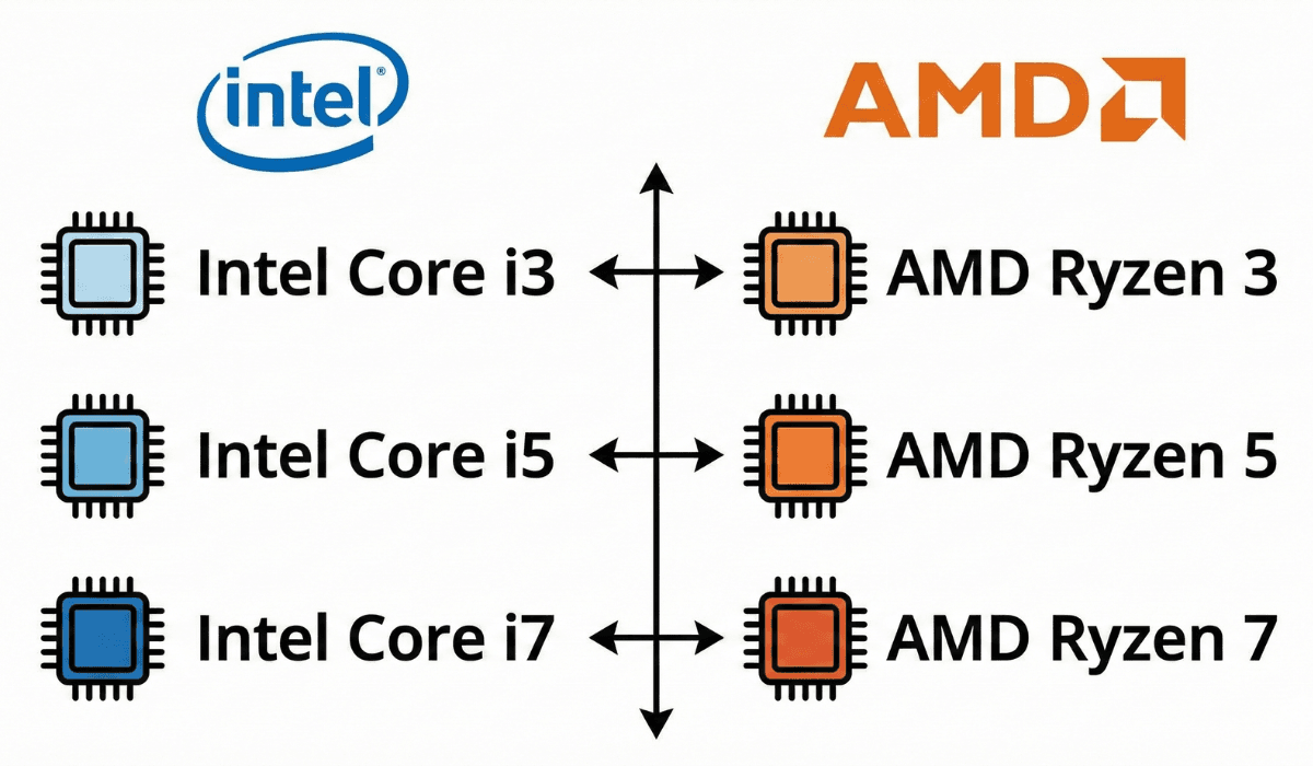 “Intel Core i3, i5, i7 vs AMD Ryzen 3, 5, 7 laptop processor comparison with processor tier icons.”
