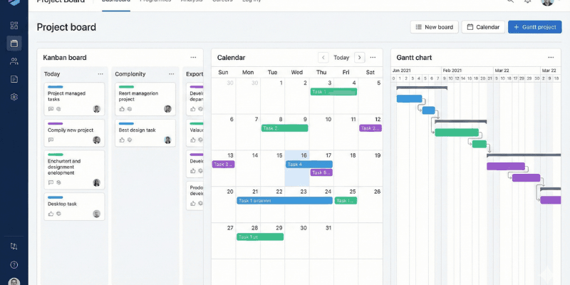 ClickUp project management views including Kanban board, calendar, and Gantt chart