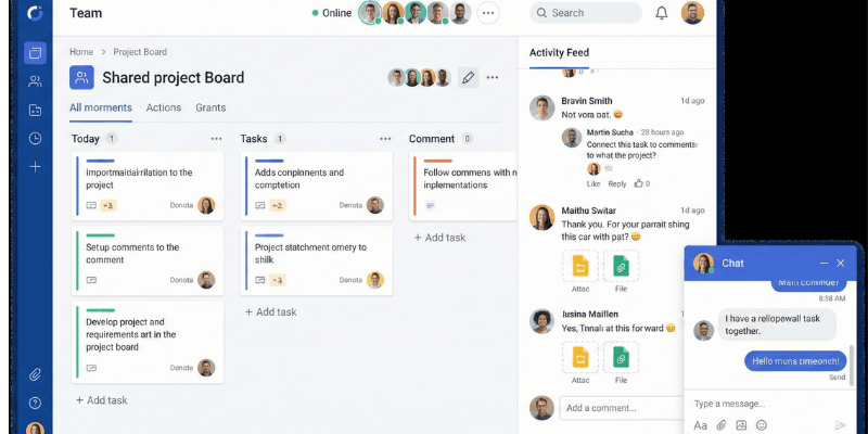 Team collaboration features in ClickUp including comments, file sharing, and task updates