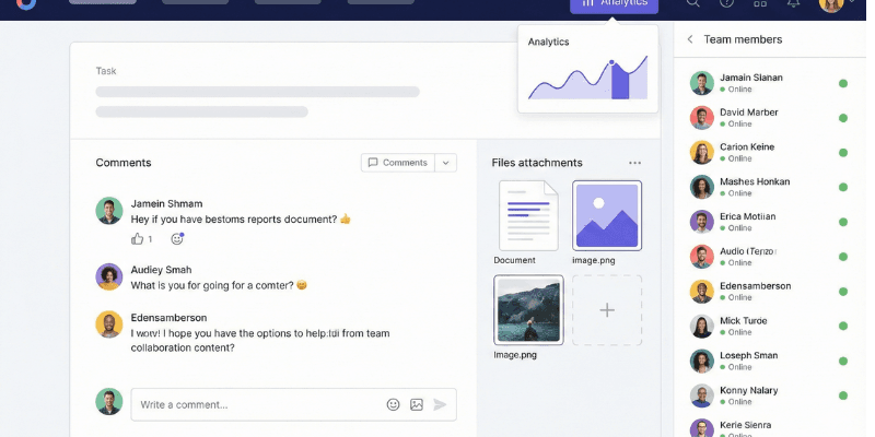 Team collaboration features in ClickUp with comments, file sharing, and activity tracking