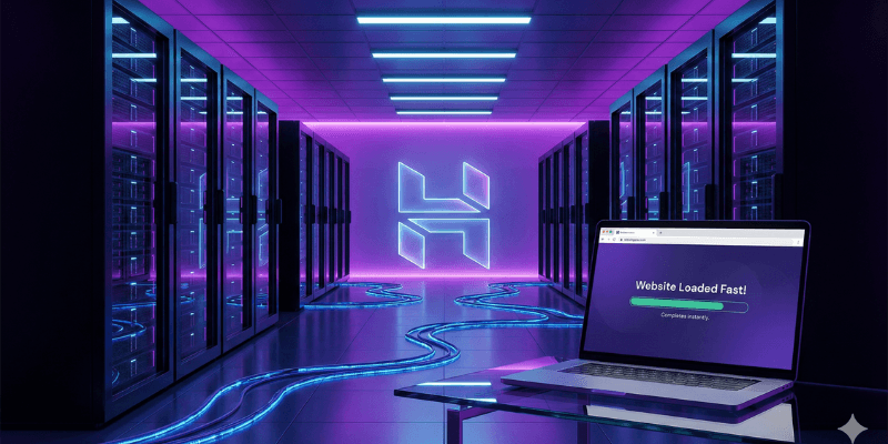 Hostinger review 2025 cover image showing modern server room with purple lighting