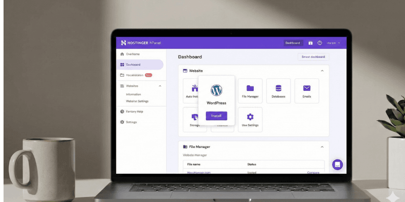 Hostinger hPanel dashboard interface on laptop screen illustration