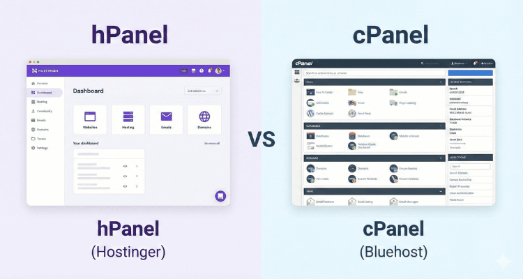 Hosting control panel comparison between Hostinger hPanel and Bluehost cPanel