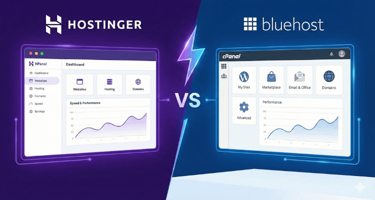 Hostinger vs Bluehost hosting comparison showing features, pricing, and performance differences