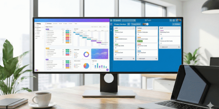 ClickUp vs Trello project management tools comparison showing task boards and dashboards