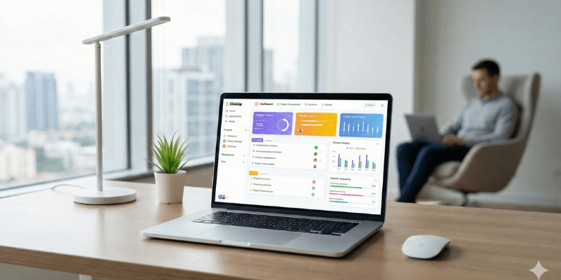 ClickUp project management dashboard showing tasks, timelines, and productivity tools
