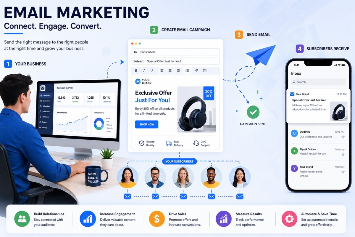 email marketing communication workflow illustration