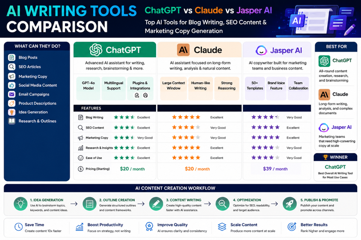 AI writing tools comparison infographic for content creators