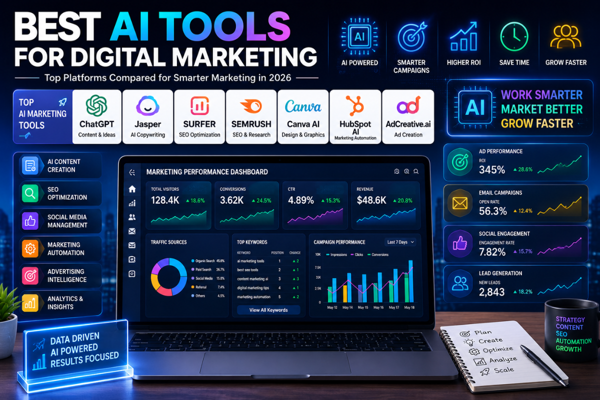 AI content marketing and SEO tools comparison infographic