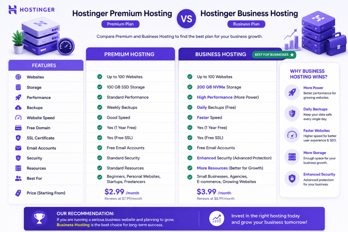 Hostinger Premium vs Business Hosting comparison infographic