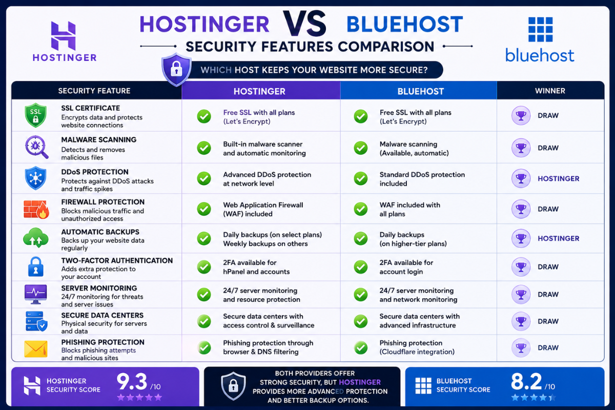 Hostinger and Bluehost security features comparison infographic