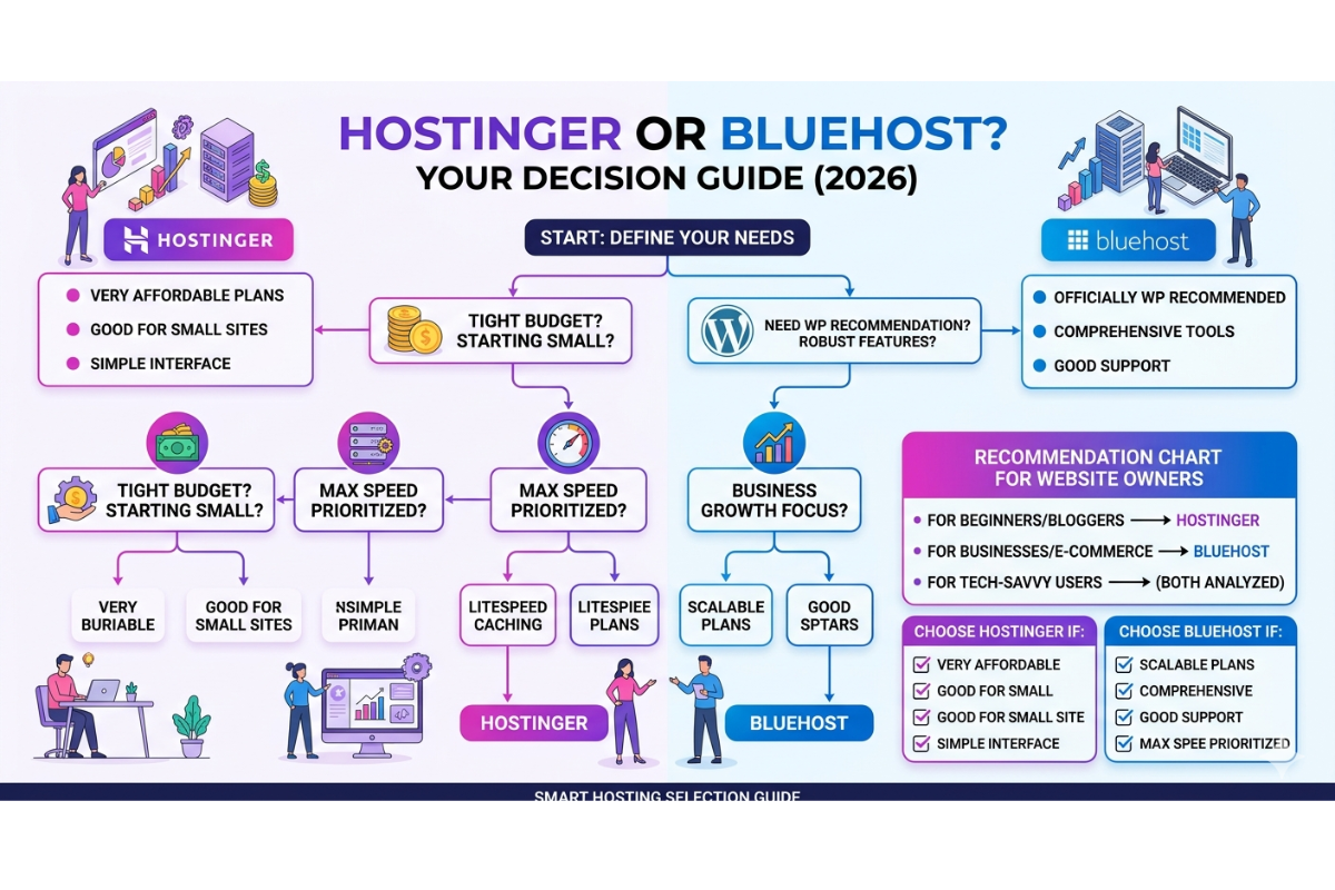 Hostinger and Bluehost feature comparison chart infographic