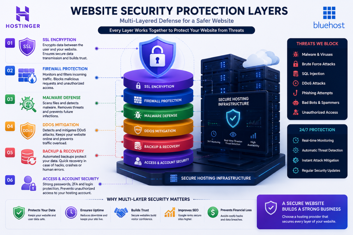 website security protection layers malware firewall SSL infographic