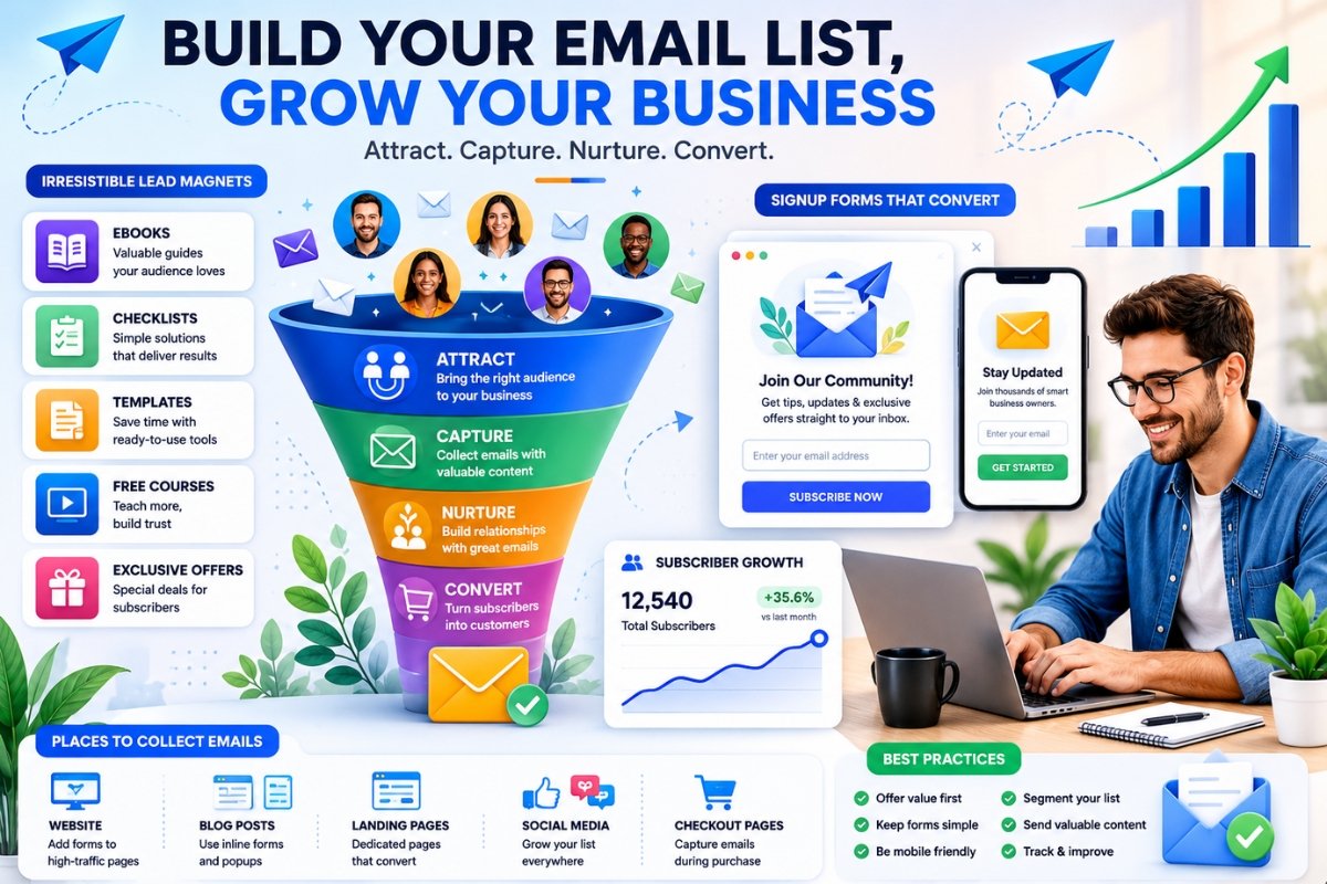 small business email list building strategy infographic