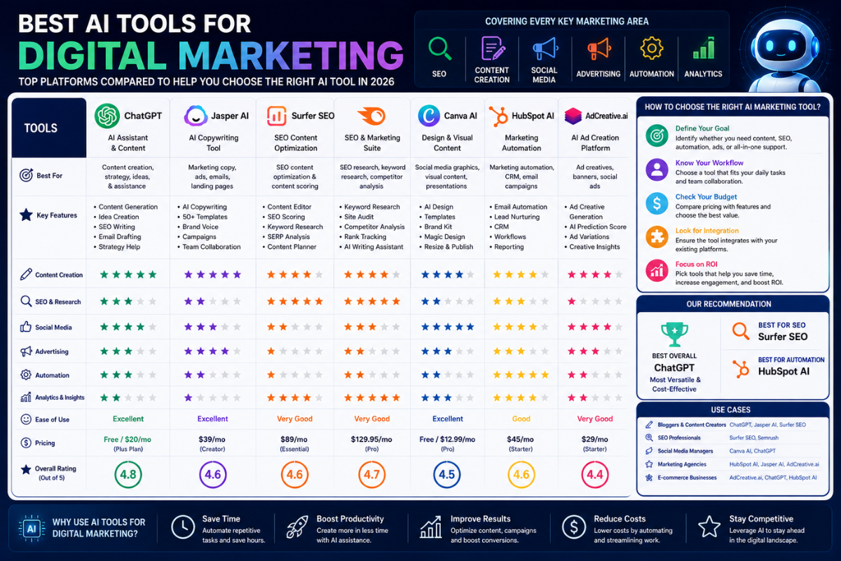 digital marketing AI tools comparison chart and decision guide