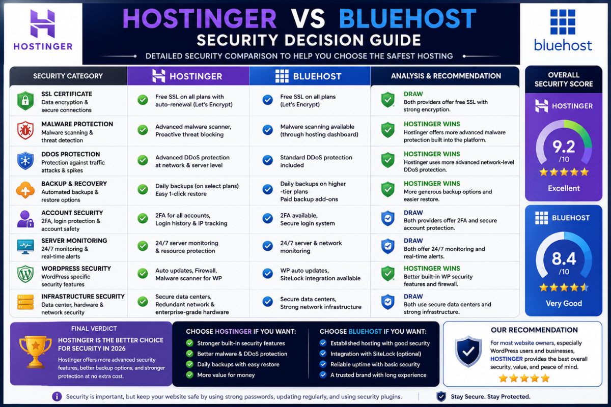 Hostinger vs Bluehost security decision guide comparison chart