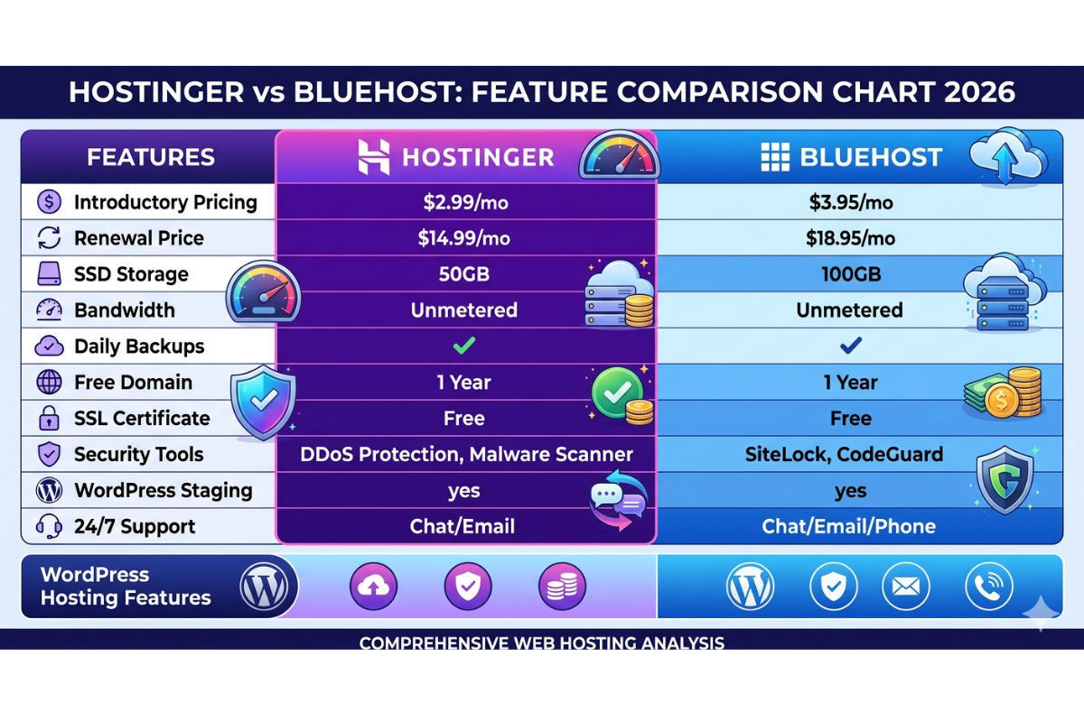 Hostinger vs Bluehost decision guide infographic for website owners