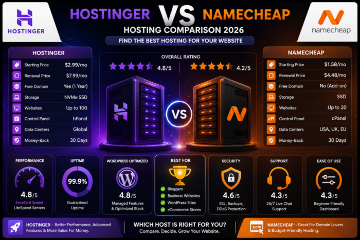 Hostinger vs Namecheap hosting comparison dashboard infographic