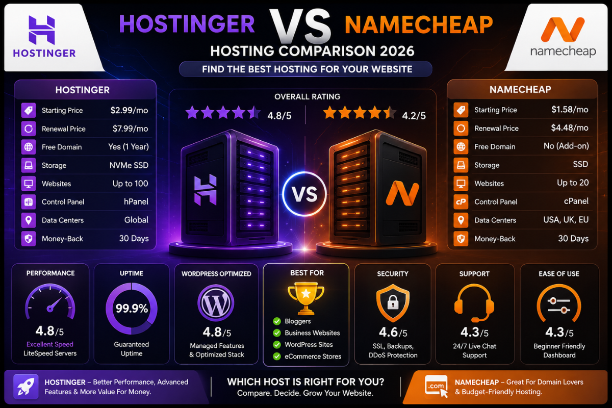 Hostinger vs Namecheap hosting comparison dashboard infographic