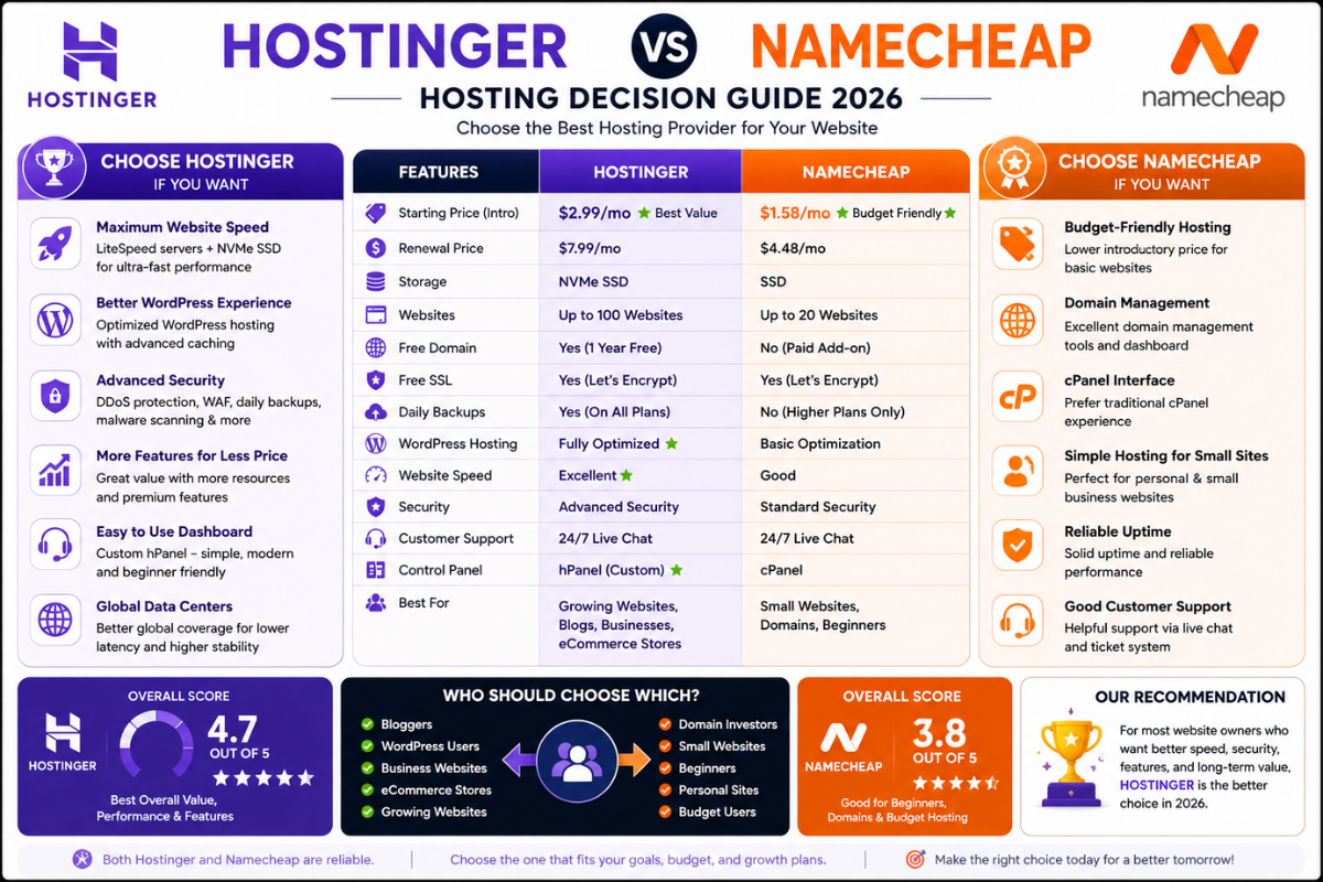 Hostinger vs Namecheap hosting decision guide infographic