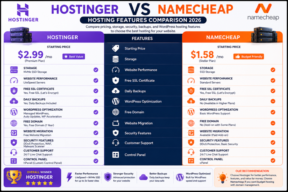 Hostinger and Namecheap hosting features comparison chart