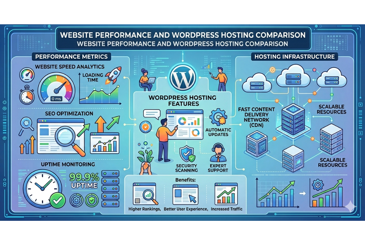 website performance and WordPress hosting comparison illustration