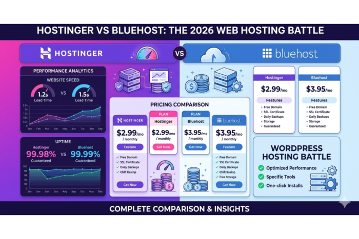 Hostinger vs Bluehost hosting comparison dashboard infographic