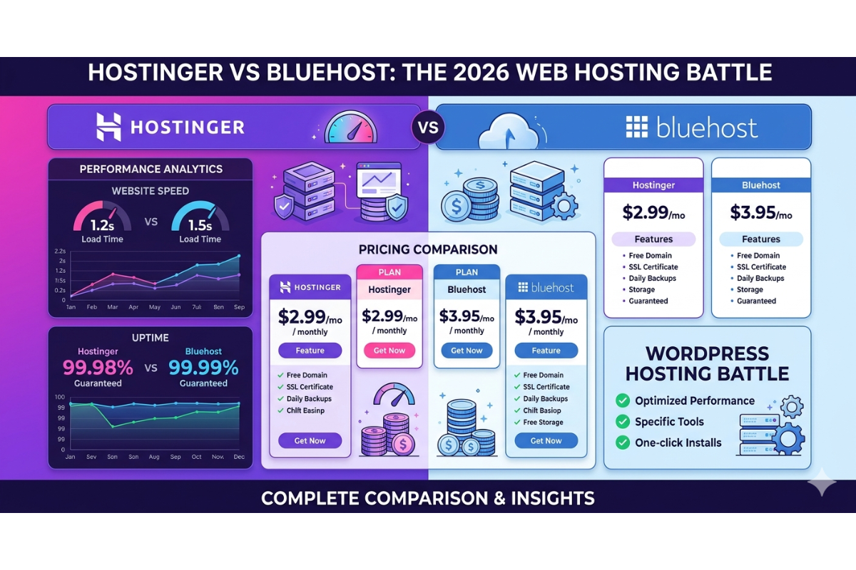Hostinger vs Bluehost hosting comparison dashboard infographic