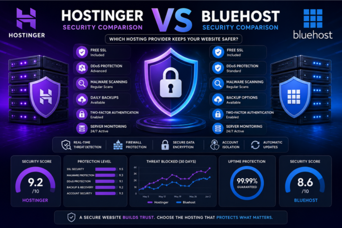 Hostinger security vs Bluehost security comparison dashboard