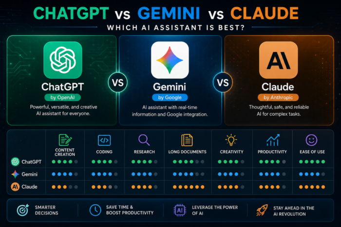 ChatGPT vs Gemini vs Claude AI assistant comparison dashboard