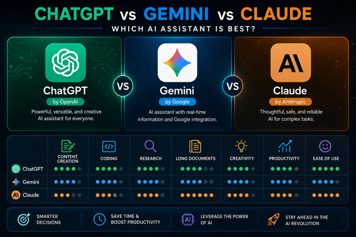 ChatGPT vs Gemini vs Claude AI assistant comparison dashboard